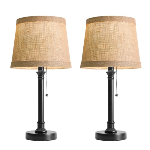 Oneach 19.5” Table Lamps Set of 2, Pull Chain Switch Bedside Table Lamps, Farmhouse Nightstand Lamp with Unique Natural Shade, Small Lamp for Living Room, Bedroom, Home Office, Nursery - color: Dark Browm-2Pack