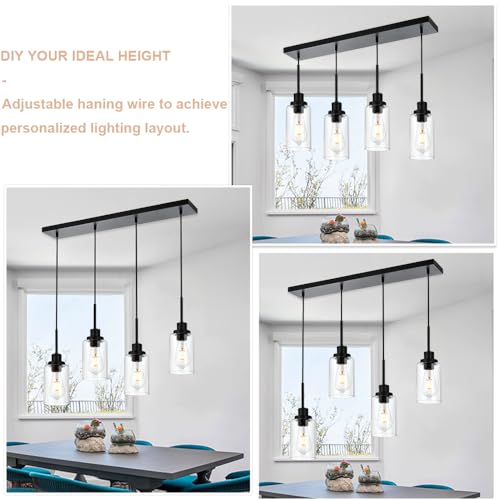 Black Pendant Light Fixtures with Clear Glass, 4-Lights Adjustable Height Hanging Ceiling Lights, Kitchen Island Lighting for Living Room Office Bar Farmhouse - color: Black, size: 4-Light