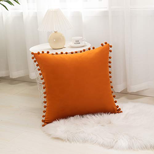 Elegant Comfort POM-POMS Fringe Velvet Cushion Covers Set of 2, Velvet Soft Solid Decorative Square Throw Pillow Covers Set Cushion Case for Couch Bed, Livingroom 18 x 18 Inch (45 x 45 cm), Orange - color: Orange, size: 18" x 18" (Pack of 2)