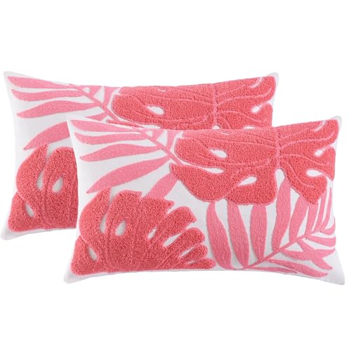 Embroidered Throw Pillow Covers 12x20 Pack of 2 Pink Botanical Tropical Leaf Pillow Covers Beach Ocean-Themed Decorative Cushions Case Farmhouse Boho Plant Tufted Pillowcases for Summer - color: Pink Tropical Leaf, size: 20" x 12" (Pack of 2)