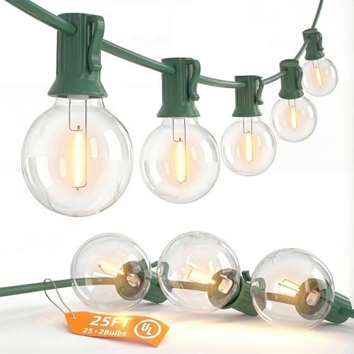 SUNSGNE 25Ft Round Christmas Lights Outdoor, G40 Globe String Lights with 27 LED Clear Lights(2 Spare), Green Wire String Lights for Yard Patio Porch Tent Pergola Backyard Christmas Decorations - color: Warm White-Green, size: 25FT