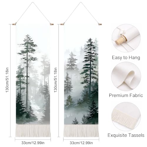seewan 2 Pack Long Vertical Wall Tapestry, Boho Nature Landscape & Floral Aesthetic Wall Hanging for Bedroom Living Room Home Decor, Long Narrow Art Tapestry with Sunrise Mountain Botanical Designs, 13" × 51" (Foggy Pine Silhouette, 13"Wx51"H, Unframed) -