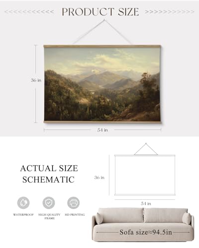 ARPEOTCY Extra Large Vintage Framed Wall Art, 36x54 Inch Mountain Mist Forest Landscape Hanging Canvas Prints Scroll Wall Art Decor for Living Room Bedroom, Retro Scenery Pictures Above of Bed - color: Deep Mountain Mist Forest