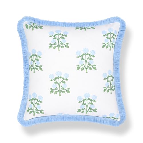 Hofdeco Premium Grandmillennial Coastal Hampton Patio Indoor Outdoor Throw Pillow Cover Only, 20"x20" Water Repellent for Backyard, Couch, Poolside, Baby Blue Green Print Hydrangea Flowers - color: Baby Blue Green Hydrangea Flowers 20"x20"