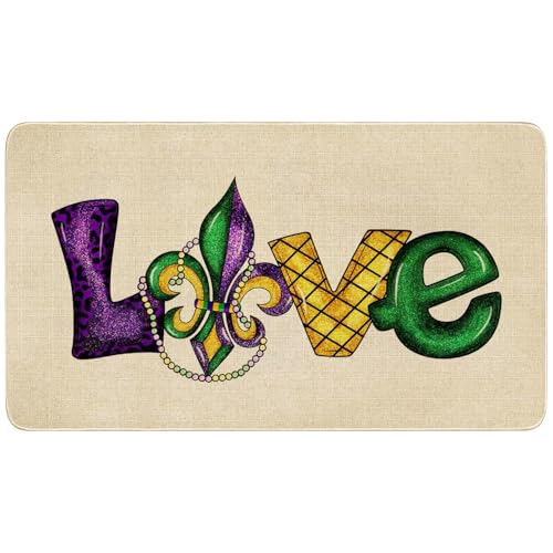 Mardi Gras Door Mat,Fleur De Lis Love Indoor Outdoor Non-Slip Doormat,Entryway Front Porch Welcome Mat for Entrance Decor 30" x 17" - color: Mardi Gras Doormat 2