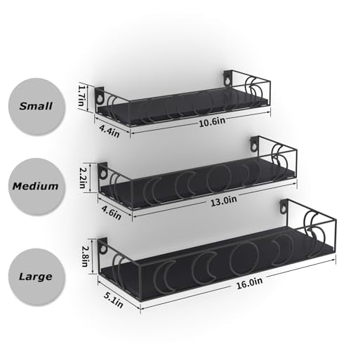PHAREGE Moon Phase Floating Shelves Black, Set of 3 Small Decorative Wall Shelves for Book Plant Storage, Crystal Figurine Collectibles Display Shelf for Bedroom Kid Room - color: Black