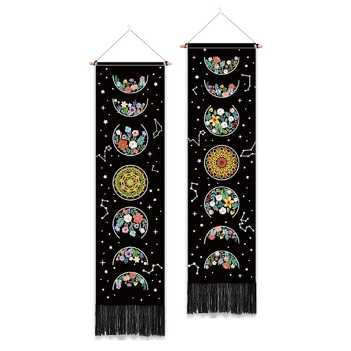 PLIGREAT 2 Pack Floral Moon Tapestry with Tassels, 52" x 13" Moon Phase Aesthetic Wall Hanging Vertical Home Art Tapestry for Bedroom Living Room Bathroom Long Narrow Wall Hanging Art Decor - color: black,green