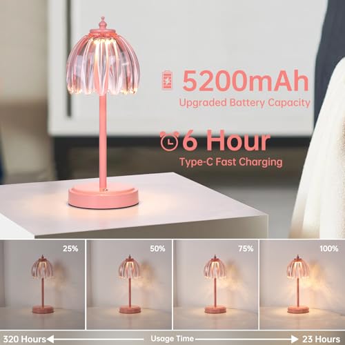 Shenmoyl Rechargeable Table Lamp with 5200mAh Battery & Touch Control - 3 Adjustable Color Temperatures, Cordless Dimmable Table Light for Bedroom, Office Desk, Nightstand (Clear Pink,Pink Base) - color: Pink, size: 1 Pack