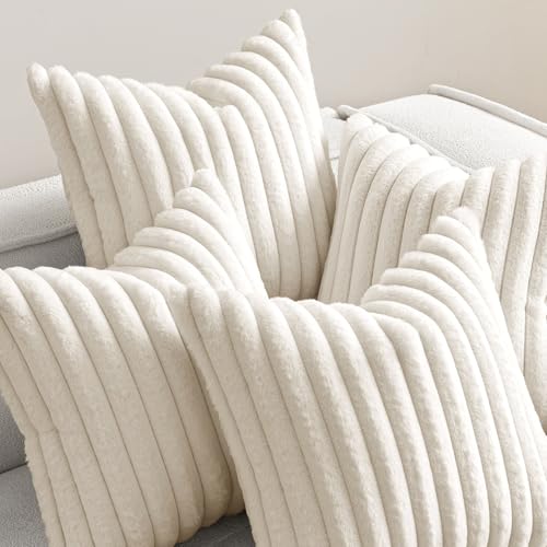 MIULEE Faux Fur Plush Decorative Throw Pillow Covers 20x20 Set of 4, Spring Modern Soft Fuzzy Striped Cushion Covers for Sofa Couch Bed Living Room Cozy Home Decor,Cream White - color: Cream White, size: 20" x 20" (Pack of 4)