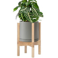D'vine Dev Ceramic Planter with Natural Stand - 8 Inch Modern Round Flower Pot with Wood Planter Holder, Grey, 55-B-N-3 - color: Grey Pot + Natural Stand, size: 8 Inch