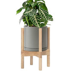 D'vine Dev Ceramic Planter with Natural Stand - 8 Inch Modern Round Flower Pot with Wood Planter Holder, Grey, 55-B-N-3 - color: Grey Pot + Natural Stand, size: 8 Inch