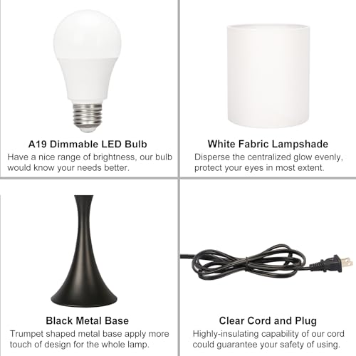 Seaside village 3 Way Touch Control Table Lamp, Modern Bedside Lamp for Bedroom, Dimmable Black Nightstand Lamp White Shade Desk Reading Light for Living Room Office Dorm, 3000K LED Bulb Included - color: Black Base with White Shade
