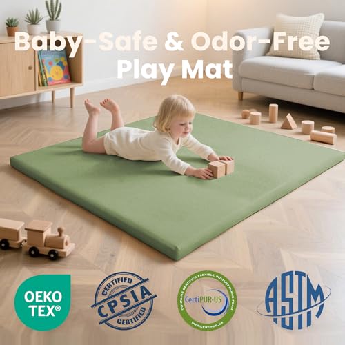 Huloo Sleep Baby Play Mat 50x50 Inches, 1.3" Thick Padded Waterproof Floor Cushion & Playpen Mat with Vegan Leather, Non-Slip & Non-Toxic Nursery Rug for Infants, Toddlers & Kids(Green) - color: Green, size: 50"×50"×1.3"