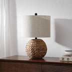 JONATHAN Y 21.5" Brown Modern Coastal Woven Rattan Globe LED Table Lamp for Bedroom, Oatmeal Linen Drum Shade, LED Bulb Included, Rustic Bedside Lamp for Living Room JYL6514A - color: Brown