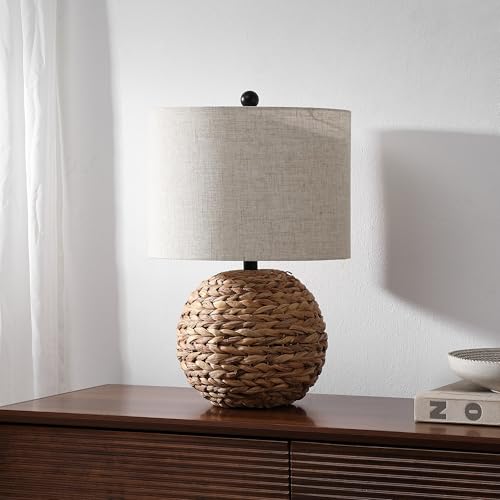 JONATHAN Y 21.5" Brown Modern Coastal Woven Rattan Globe LED Table Lamp for Bedroom, Oatmeal Linen Drum Shade, LED Bulb Included, Rustic Bedside Lamp for Living Room JYL6514A - color: Brown