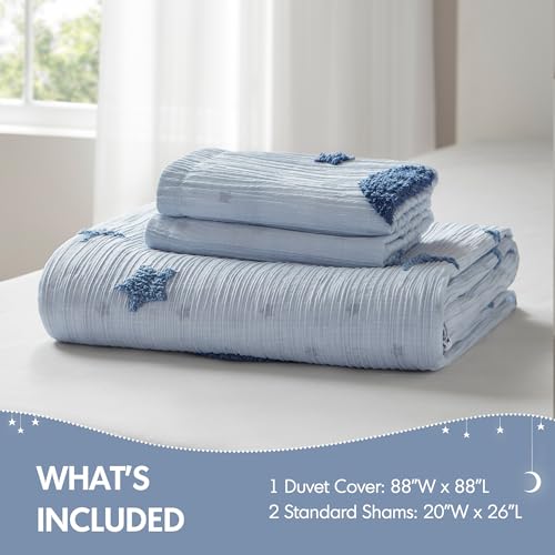 Intelligent Design Kids Cosmos Full Size Duvet Set – Blue Star and Moon Tufted Chenille, Reversible 3-Piece Bedding with Star Pillow, Full/Queen - color: Blue, size: Full/ Queen