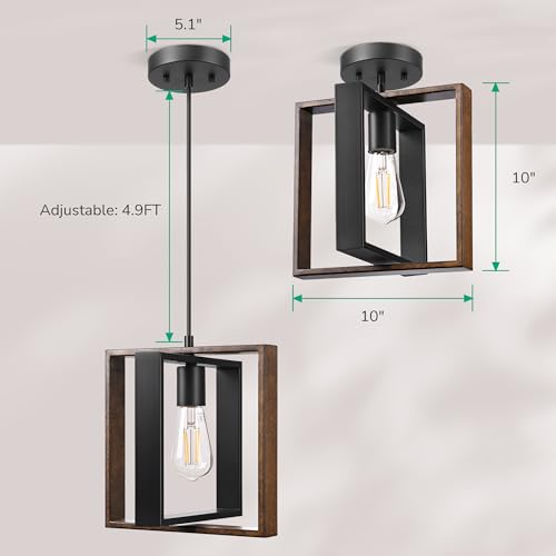 EDISHINE Farmhouse Pendant Light Fixture, Rustic Hanging Light Fixture with Wood Grain and Black Finish, Pendant Lighting for Kitchen Island, Dining Room, Hallway, Adjustable Cord