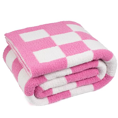 Carriediosa Checkered Throw Blanket 60" X 80" Twin, 400GSM Ultra Soft Microfiber Fuzzy Fluffy Reversible Cute Preppy Knitted Blankets Cozy Plush Fall Throws for Couch, Bed, Sofa, Hot Pink - color: Check - Hot Pink, size: 60" X 80"