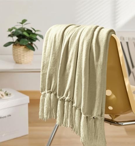 Chenille Throw Blanket for Couch 60"X 80" Twin, Soft Cozy Throws with Fringe Tassel for Bed Sofa Chair Cover, Lightweight Knitted Decorative Boho Blankets for Living Room, Light Beige - color: Light Beige, size: 60x80 inch