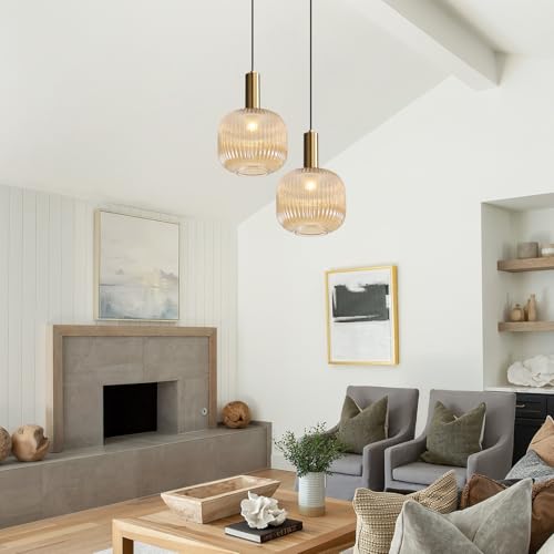 BOKT Modern Large Amber Glass Globe Pendant Light Fixture Brushed Brass Gold Kitchen Island Pendant Lighting Farmhouse Single 1-Light Spherical Ceiling Hanging Pendant Light (Amber) - color: Amber