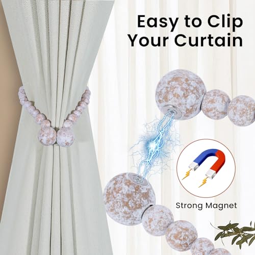 KLOGTSIND Magnetic Curtain Tiebacks, Curtain Tie Backs for Curtains 2 Pack, Wood Bead Curtain Tiebacks, Curtain Holders for Boho Bedroom Decor, Baby Nursery Decor, Farmhouse Decor - color: Whitewashed