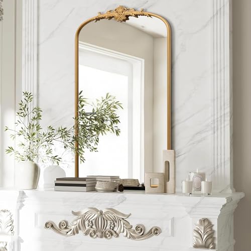 Besdomus Large Vintage Arched Mirror: 24"x42" French Arch Gleaming Gold Antique Wall Mounted Mirror - Traditional Ornate Home Decor for Entryway/Fireplace/Bathroom - Ideal for Bathroom Remodeling - color: Gleaming Gold, size: 42"L x 24"W