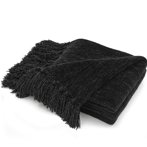 RECYCO Throw Blanket Soft Cozy Chenille Throw Blanket with Fringe Tassel for Couch Sofa Chair Bed Living Room Gift (Black, 50" x 60") - color: Black, size: 50'' X 60''