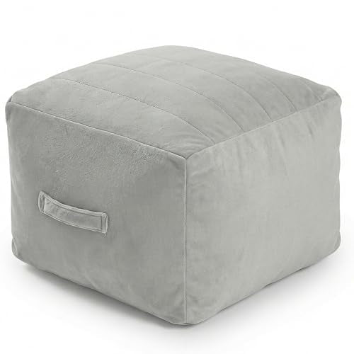 MeMoreCool Square Stuffed Pouf Ottoman Foot Rest, Floor Pouf Foot Stool with Foam Chunk Filling, Soft Stuffed Ottoman Footrest for Living Room, Light Grey - color: Striped Light Grey