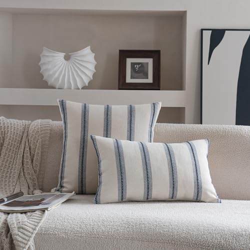Cethom Boho Lumbar Pillow Covers 12x20 Set of 2, Navy Blue Striped Decorative Pillow Cases for Couch Chair Bed, Textured Farmhouse Modern Accent Cushion Covers for Living Room Bedroom Sofa Home Decor - color: Navy Blue, size: 20" x 12" (Pack of 2)