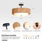 Bohemian Semi Flush Mount Ceiling Light - 18 Inch Handmade Hemp Rope Shade (Fabric Lining), Farmhouse Pendant, E26 Base, Max 60W (Bulbs Excluded), for Dining, Living, Bedroom, Kitchen - color: 18'' Hemp rope&Fabric Gold