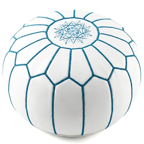 Marrakesh Gallery Genuine Leather Round Pouf Unstuffed - Moroccan Ottoman Footstool, Footrest Cover - Boho Decor - Bohemian Living Room, Bedroom, Kids Room, Gift & Wedding - color: White By Turquoise