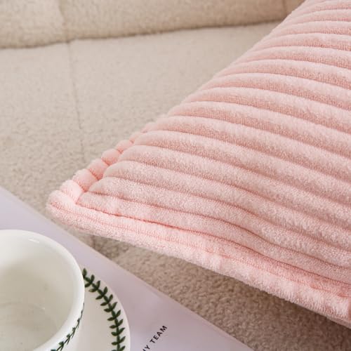 Valentines Day Decorations Corduroy Pink Throw Pillow Covers Set of 2 Striped Boho Decorative with Edge Design,Super Soft Throw Pillow Cushion Covers for Couch Sofa Living Room Solid Square 18×18inch - color: Pink, size: 18" x 18" (Pack of 2)