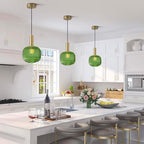 BOKT Mid Century Green Glass Pendant Lights 2-Light Mini Globe Ceiling Pendant Light Ribbed Glass Pendant Light Gold Finish Hanging Light Fixture for Kitchen Island Foyer - color: Green-2 Pack