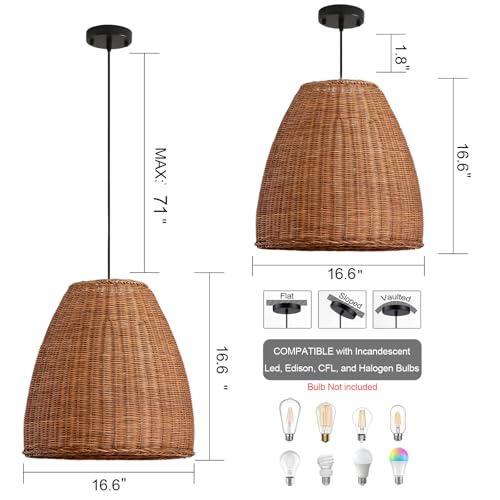 Farmhouse Rattan Chandelier 16.6" 3-Lights Boho Hand Woven Pendant Lights Wicker Dining Room Light Coastal Hanging Lighting Fixtures for Living Room Bedroom Kitchen Sink Restaurant Entryway Foyer - color: Brown-D-16.6IN