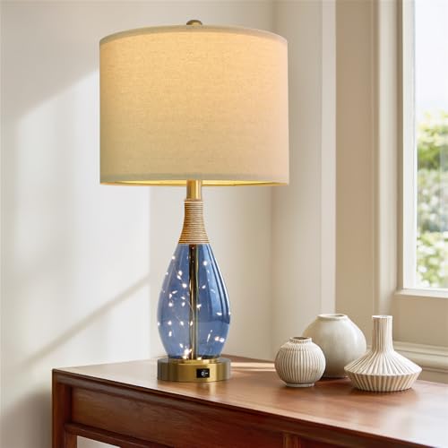 OYEARS 23" Table Lamps for Living Room Set of 2 Bedside Lamps for Night Stands Bedroom Lamps Farmhouse Rattan Boho Lamp Glass Nightlight End Table Lamp with USB C+A (Blue),Two Light Points - color: Blue