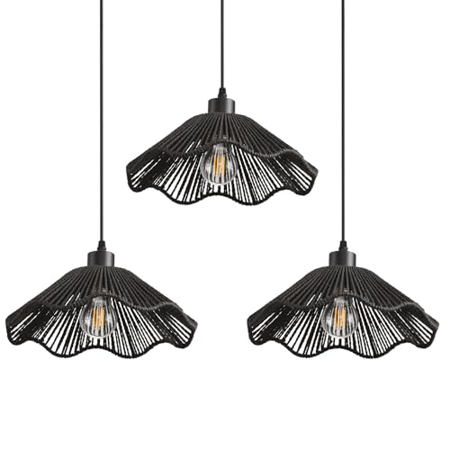 3 Pack Black Woven Pendant Light Fixtures,11.81" Rattan Pendant Lights Farmhouse Basket Light Fixture Adjustable Boho Hanging Lamp for Kitchen Island Bedroom Dining Room Foyer Hallway - color: flower+black