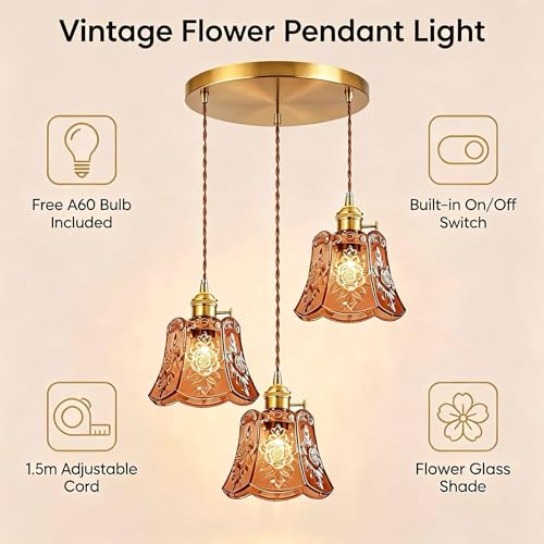 Amber Wind Chime Glass Pendant Light, 3 Natural Light Bulbs Included, Adjustable Cord with Switch, Hanging Lamp for Kitchen Island/Dining Room - color: Amber 3pcs Flower Pendant Light