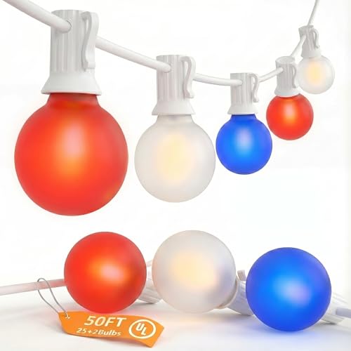 SUNSGNE Red White Blue 4th of July Patriotic Decorative Lights 50FT Outdoor String Lights with 27 G40 LED Bulbs(2 Spare) for Outdoor Indoor Holiday, Party, Independence Day Decor - color: Frosted Red White Blue, size: 50FT