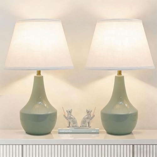 Green Table Lamps Set of 2 19" Ceramic Bedside Desk Lamps for Nightstands with Rocker Swtich Modern Sage Green Lamps for Bedroom Living Room (Bulbs not Include)