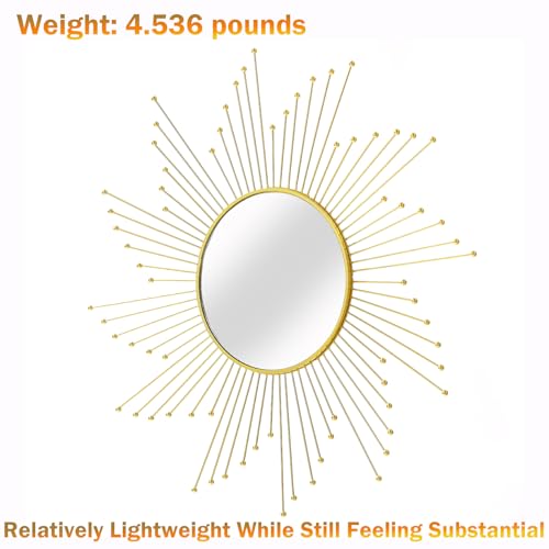 Large Gold Sunburst Mirror - 31" Starburst Wall Mirror with 12" Round Glass, Mid-Century Modern Elegant Gold Sun Mirrors for Living Room, Bedroom, Entryway Decor - size: 31"L x 31"W