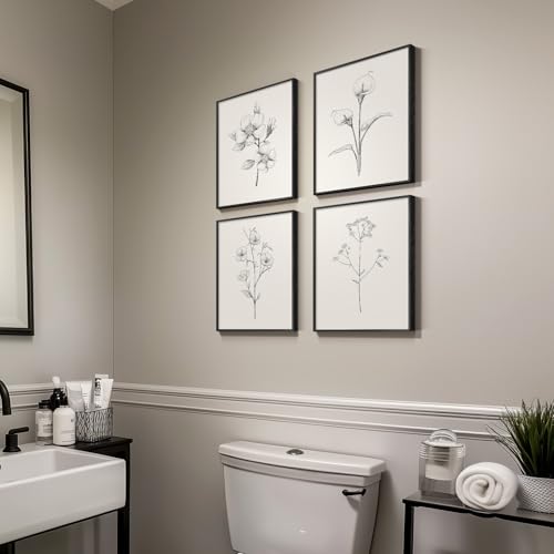 Framed Black and White Floral Wall Art, 4 Piece Vintage Gray Botanical Canvas Prints Painting Artwork, Minimalist Neutral Flower Pictures for Farmhouse Bedroom Living Room Bathroom Home Decor, 11x14 - color: Drawing - Black Framed, size: 11" W x 14" H x 4