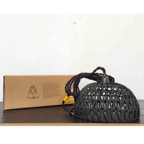 Lighting fixtures, 1-Light Pendant Light,Boho Black Woven Rattan Basket with Twist Hemp Hanging Cord Plug in Coastal Pendant Lamp for Dining Living Room Kitchen Island Foyer Bedroom Hallway