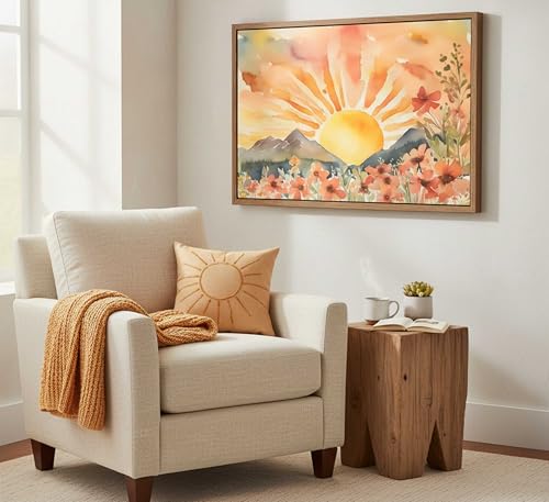 Framed Boho Sun Canvas Wall art Mid-Century Modern Abstract Bohemian Sunset in The Mountains Watercolor Wildflowers Sunrise Landscape Picture Wall Decor Poster Print Artwork for Living Room - color: Framed, size: 16"L x 12"W