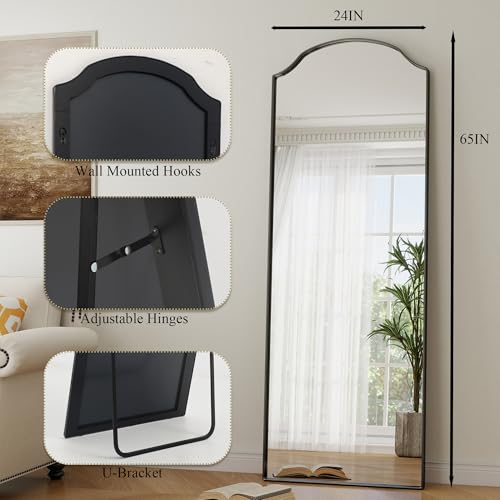 Arched Full Length Mirror Full Body Mirrors with Unique Scalloped Corner Design 24 x 65 Inch Wall Mirror Full Length for Bedroom Living Room Black - size: 65"L x 24"W