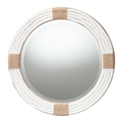 bali & pari Makya Round Woven Rope Mirror – Coastal Mirror with White Fabric and Woven Jute Accents for Farmhouse, Boho Wall Decor, Beach House, Fully Assembled