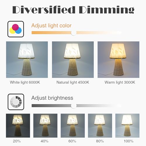Vintage Small Wicker Lamp, Rattan Body Fabric Lampshade, Adjustable Light Color and Brightness, Power-Off Memory, Safe USB Powered, Boho Style Night Light for Bedroom Living Room (Cone-Wheat) - color: Cone-Wheat
