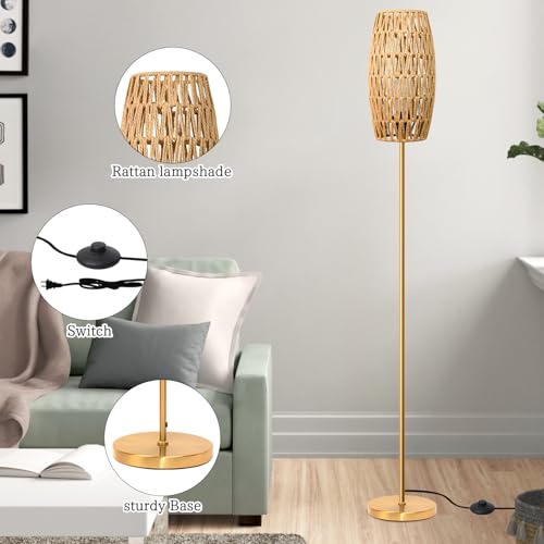 Ruiever Floor Lamp for Living Room,Farmhouse Floor lamp,Modern Standing lamp with Hand-Worked Rattan Shade (Drum Rattan Shade Body Gold Color-3 Color Bulb) - style: Drum Rattan Shade Body Gold Color-3 Color Bulb