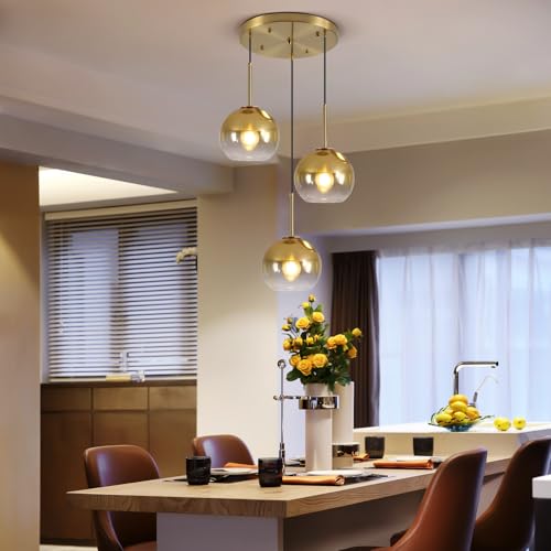 Mikeru Modern Gold Glass Chandelier, 3 Light Cluster Pendant Light Fixtures Kitchen Island Lighting Kitchen Island Pendant Lighting Hanging Lights Multi Light Large Pendant Lighting（Without Bulb） - color: Gold-3 Light