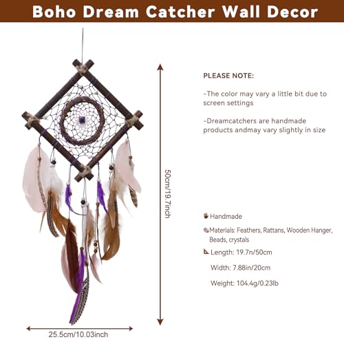 Rattan Dream Catchers with Peacock Feather, Boho Wall Decor Rustic Wooden Native American Wall Art for Bedroom Living Room (Purple Brown) - color: Purple Brown