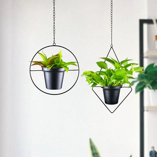 Modern Metal Hanging Planters Set of 2 - Round and Diamond Geometric Plant Hangers with 5 Inch Pots - Black Wall and Ceiling Mount Flower Holders for Indoor Houseplants, Boho Home Décor - size: CIRCLE+DIAMOND - 5 INCH POT